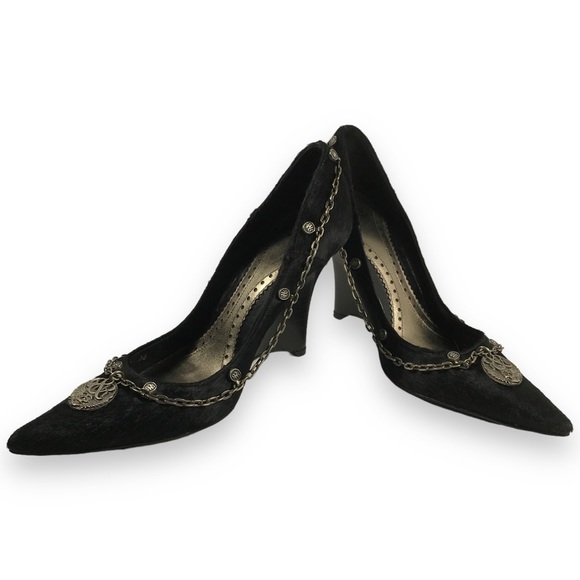 Rock & Republic Pointed Toe Fur Wrap Around Chained Logo Wedge Black Size EU 36 - Picture 5 of 15